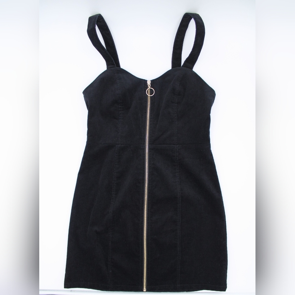 Material Girl Black Corduroy Mini Dress M Sweetheart Ring Zip - Picture 6 of 7